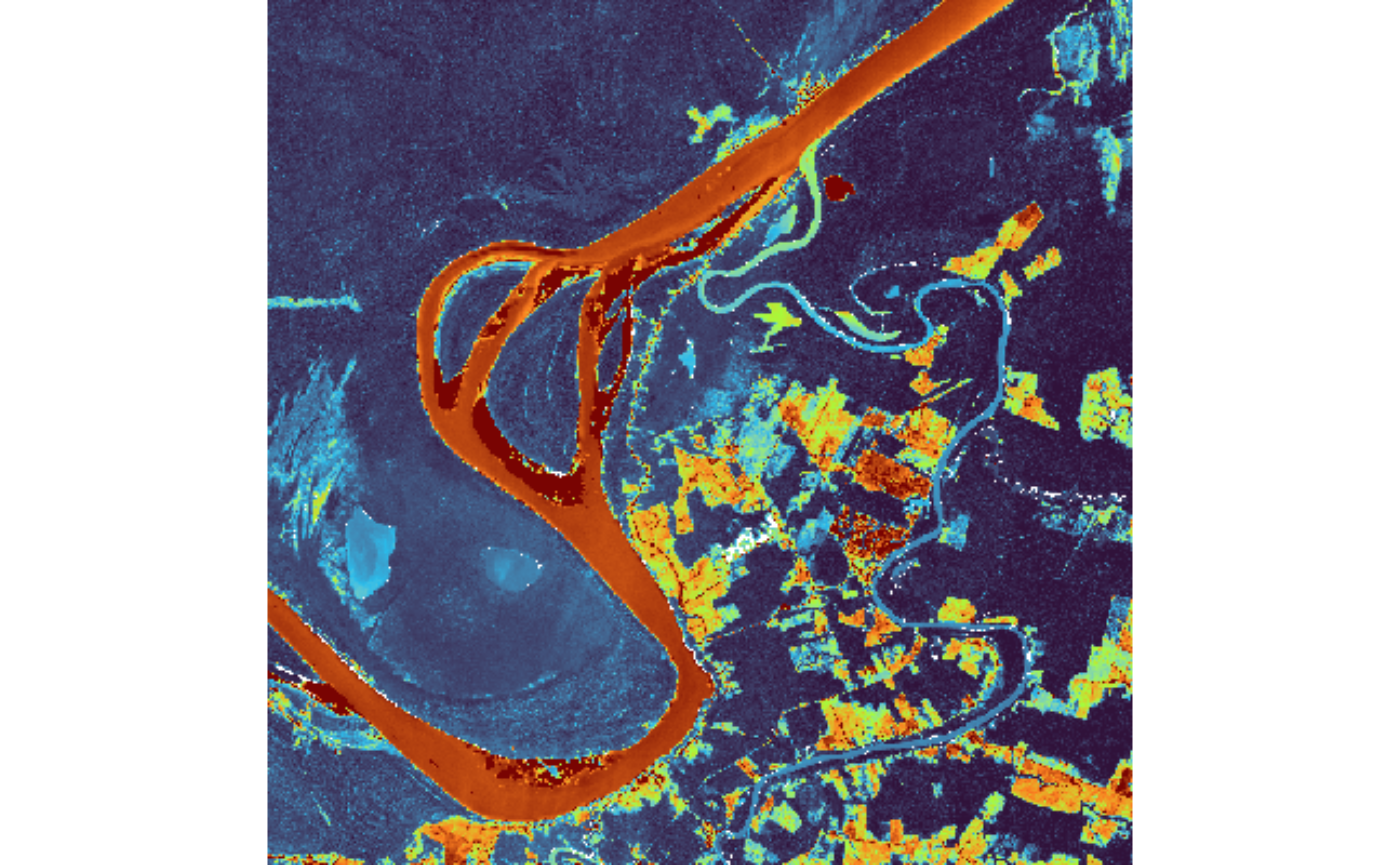 Pseudocolor stretch of the Sentinel-2 B04 (red) band.