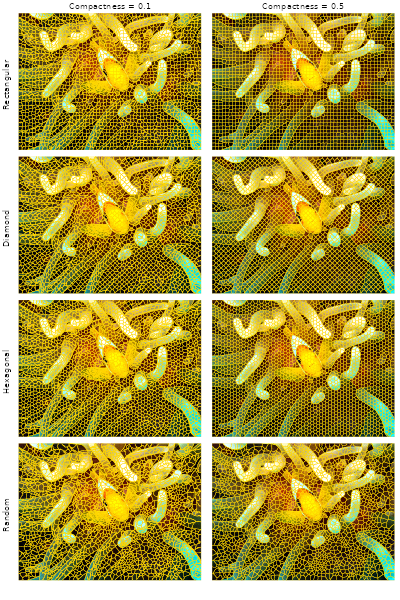 Figure 4 - Superpixel segmentation results on the clownfish image. Rows correspond to different seed grid types (rectangular, diamond, hexagonal, random) and columns to different compactness values (0.1 and 0.5).