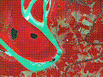 Figure 2 - The Sentinel-2 false-color composite with superpixel segmentation boundaries overlaid in yellow and seed points marked with cyan crosses.